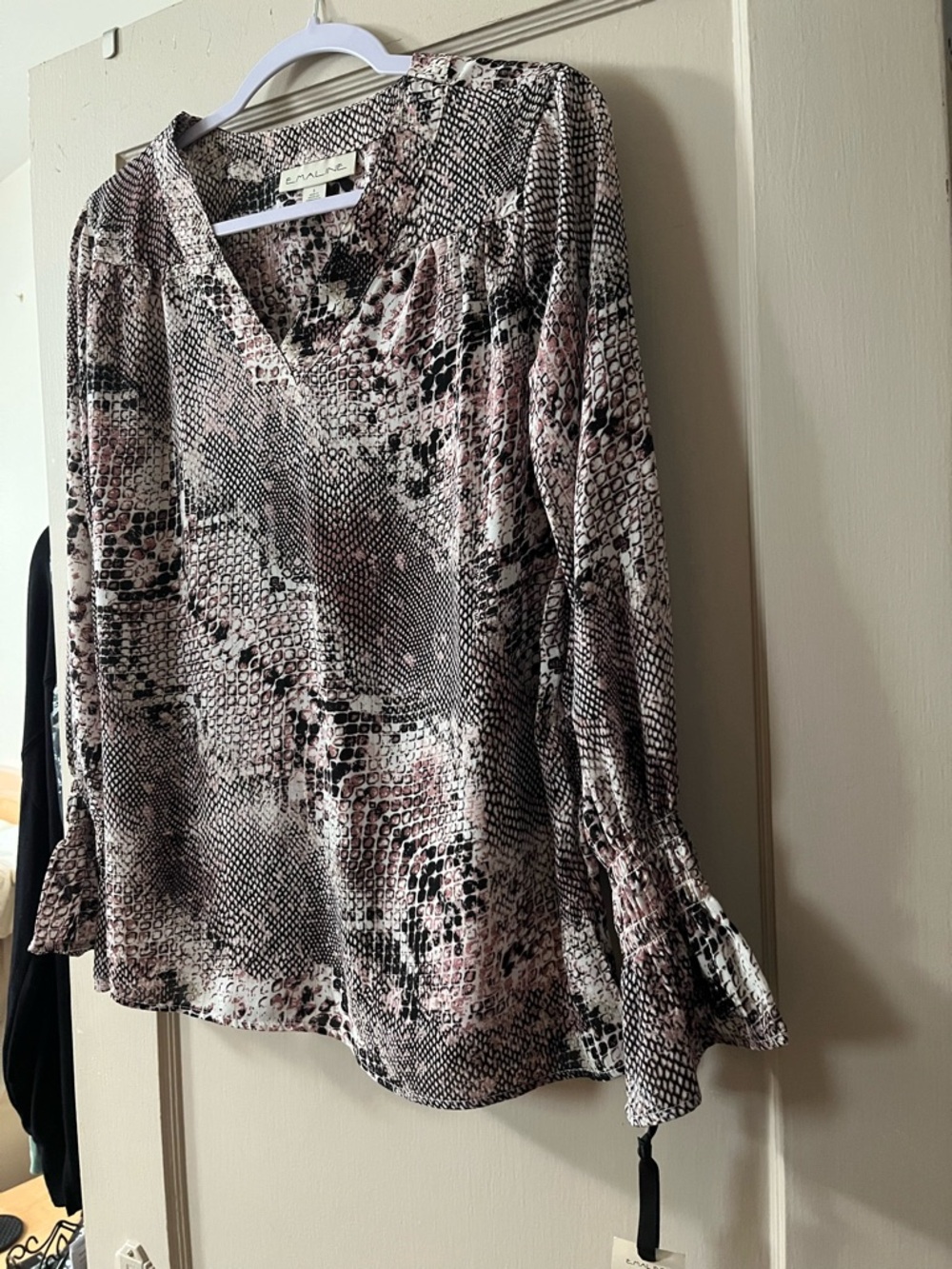 Emaline Pink & Black Snake-Print V-Neck Blouse with Ruffle Cuffs